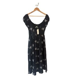 NWT Mytree Black 100% Cotton Embroidered Off Shoulder Midi Lined Dress Size S